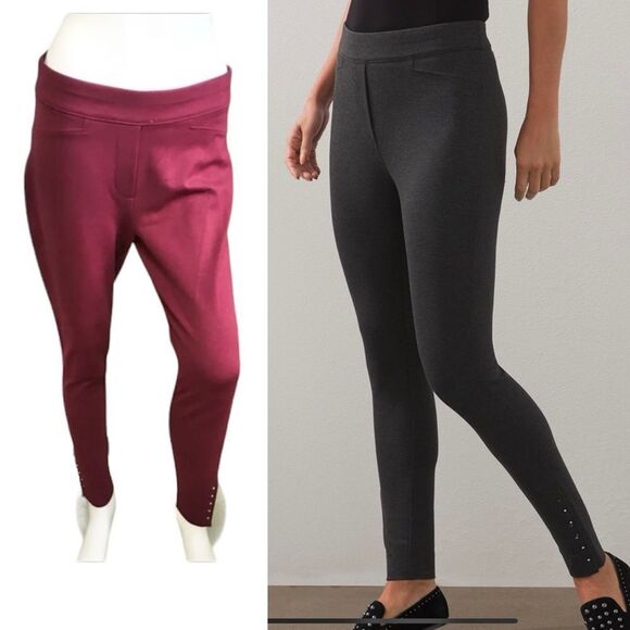 Chicos Ponte Rivet Ankle Leggings Pull On Pants Burgandy / Merlot Size 8 - Picture 1 of 12